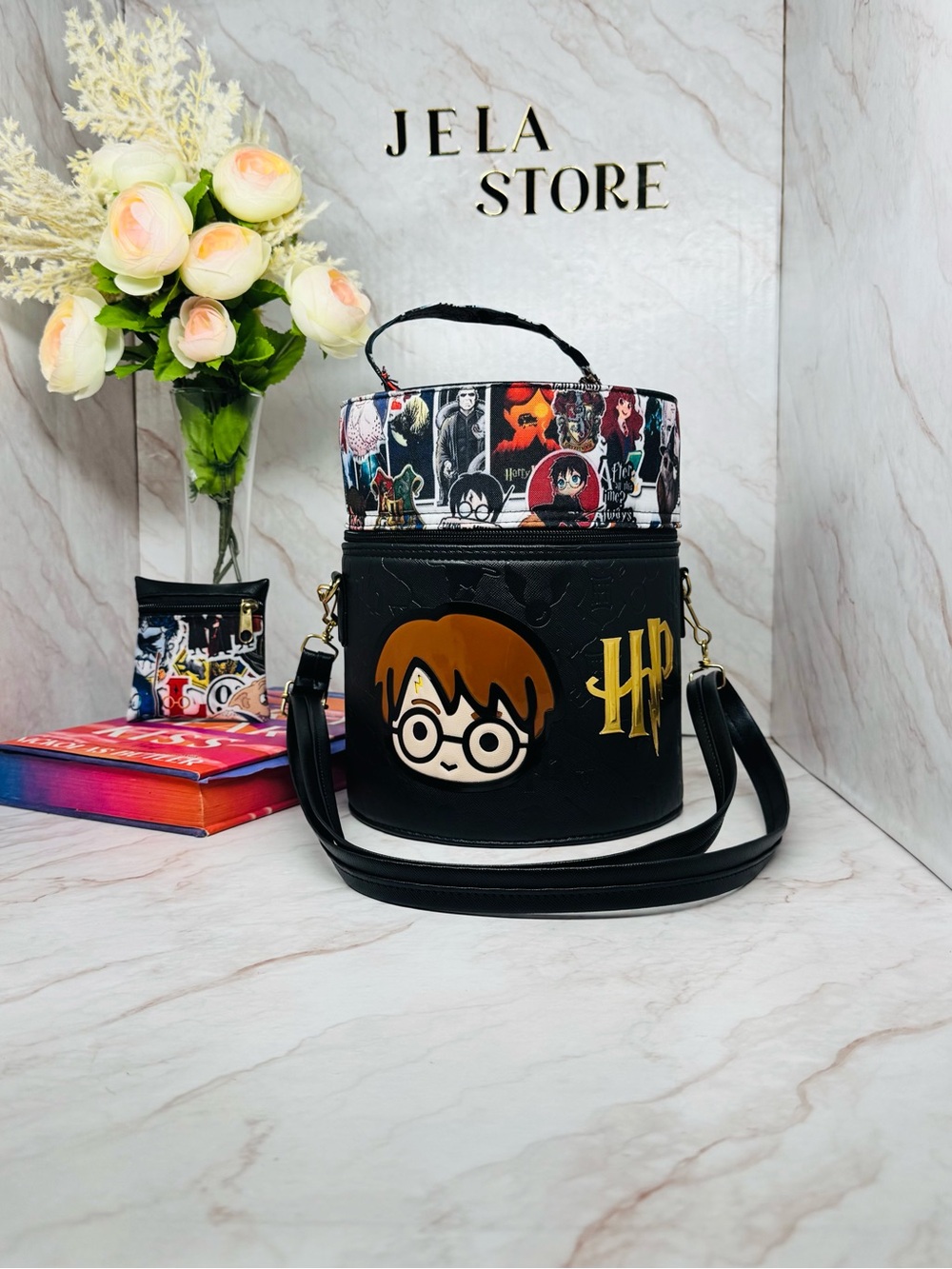 Black Novelty Character Crossbody Bag with Graphic Top